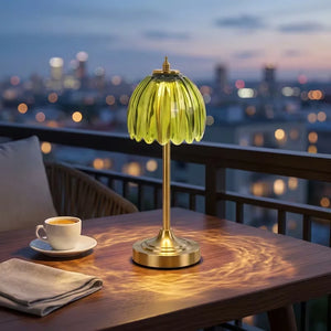 Vintage Glass Table Lamp with Green Pleated Shade, Gold-Tone Finish, Rechargeable LED, 3 Light Modes and Touch Control