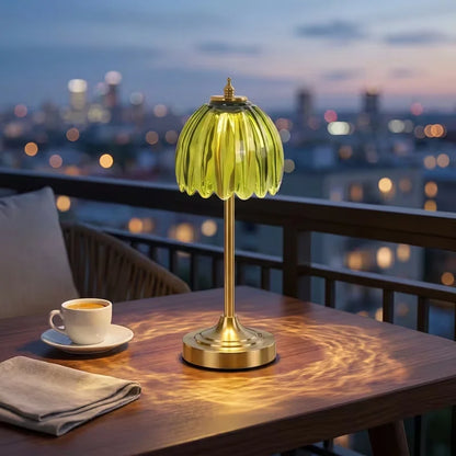 Vintage Glass Table Lamp with Green Pleated Shade, Gold-Tone Finish, Rechargeable LED, 3 Light Modes and Touch Control