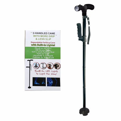 Adjustable Folding Walking Cane with LED Light – Self-Standing Quad Base & Ergonomic Handle