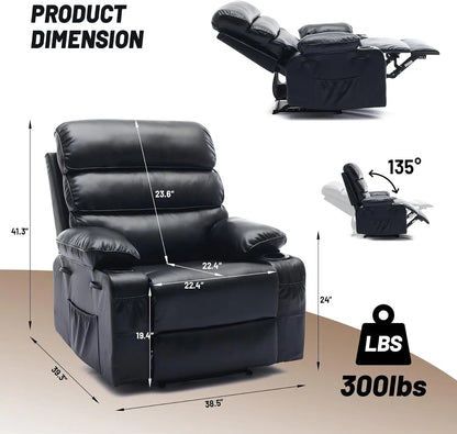 PU Leather Massage Recliner Chair with Heat – Full Body Airbag Upholstered Lounge Chair with Side Pocket