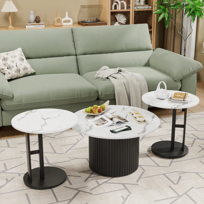 Modern 3-Piece Nesting Coffee Table Set with Faux Marble Tops & Metal Legs for Living Room and Small Spaces