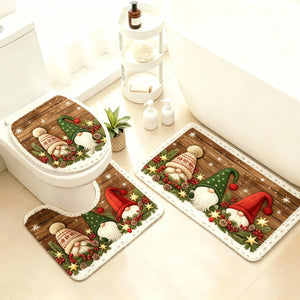 Christmas Gnome Bathroom Rug Set, 3-Piece Non-Slip Absorbent Bath Mat with Toilet Lid Cover & U-Shaped Contour Rug