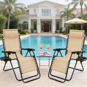 Set of 2 Zero Gravity Reclining Lounge Chairs – Portable Folding Outdoor Chairs with Cup Holder Trays & Adjustable Pillows
