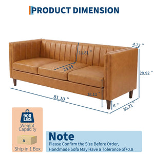 81-Inch Cognac Tan Faux Leather Sofa – Mid-Century Modern 3-Seater Deep Seat Couch with Wood Frame for Living Room & Apartment