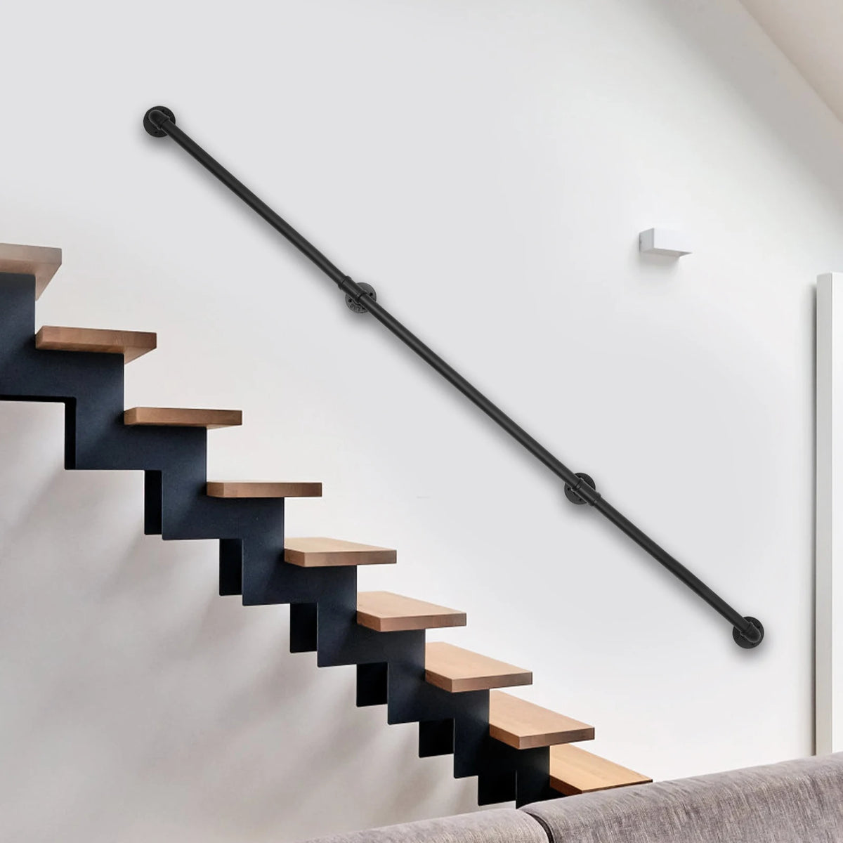 Wall-Mounted Stair Handrail – 8FT/12FT Heavy-Duty Metal Pipe Railing, 3-Section Safety Grab Bar for Stairs