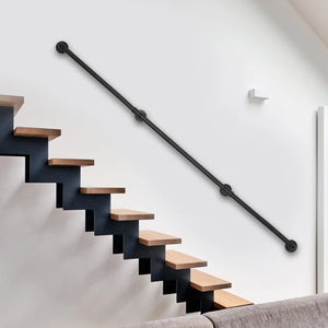 Wall-Mounted Stair Handrail – 8FT/12FT Heavy-Duty Metal Pipe Railing, 3-Section Safety Grab Bar for Stairs