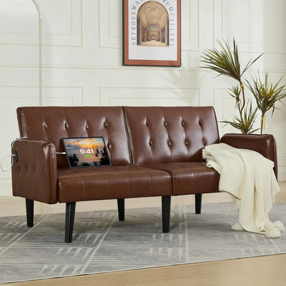 65-Inch Futon Sofa Bed – Convertible Tufted Loveseat with Adjustable Backrest & Dual USB Charging for Small Spaces, Dark Grey