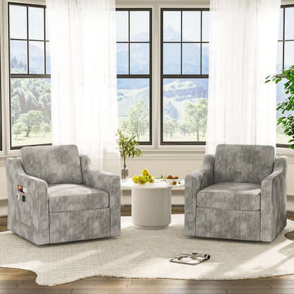 Set of 2 360° Swivel Accent Chairs – Large Upholstered Square Armchairs with Deep Seat for Living Room & Reading Lounge