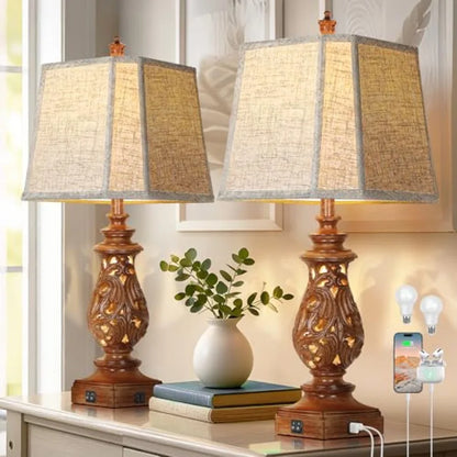 29-Inch Farmhouse Table Lamps Set of 2 with Night Light, USB-A and USB-C Charging Ports, Linen Shades for Bedside Nightstands