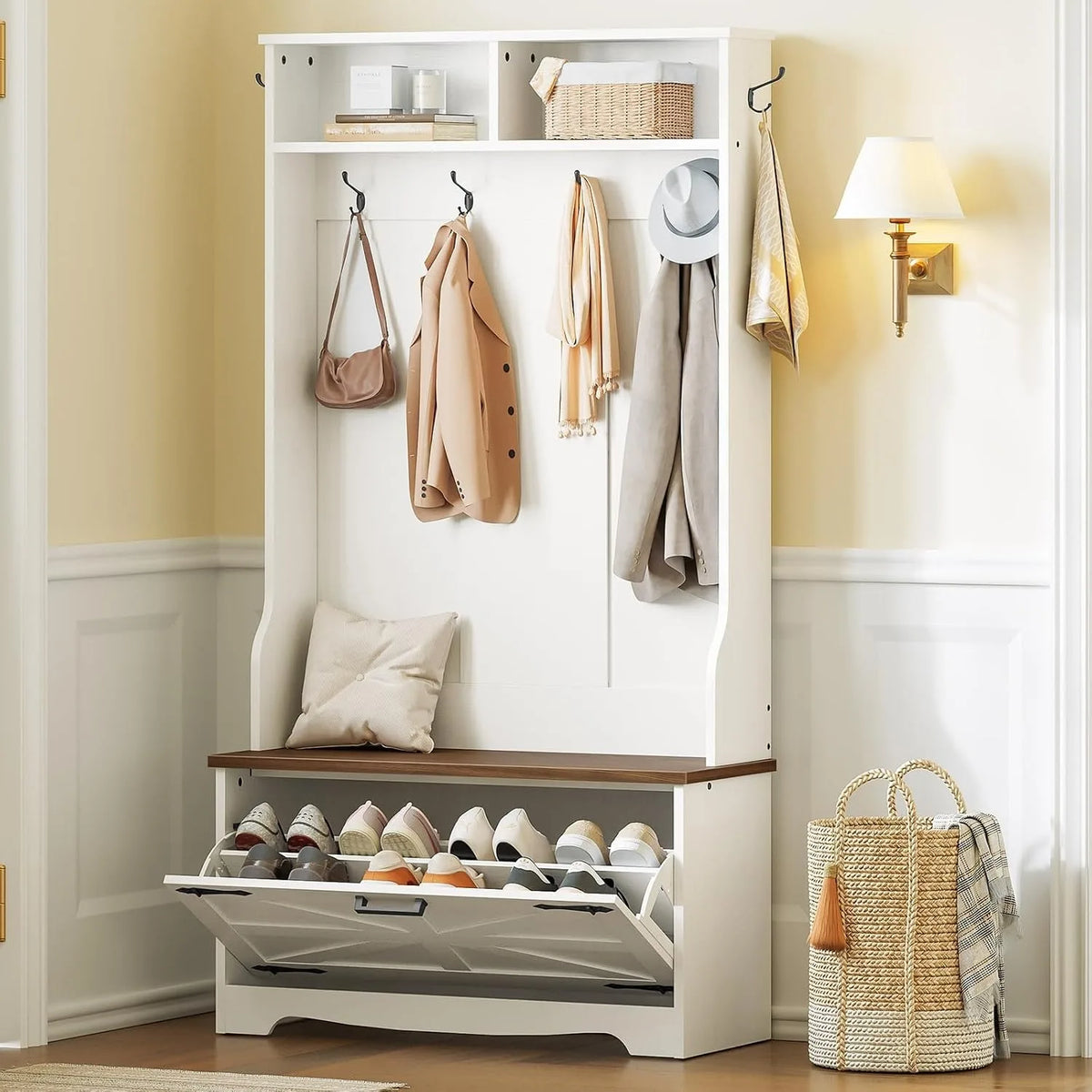 Hall Tree with Bench, Coat Rack & Shoe Cabinet, Entryway Storage Bench with Flip Drawers, Shoe Organizer, White & Walnut