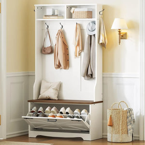 Hall Tree with Bench, Coat Rack & Shoe Cabinet, Entryway Storage Bench with Flip Drawers, Shoe Organizer, White & Walnut
