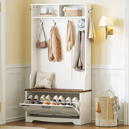 Hall Tree with Bench, Coat Rack & Shoe Cabinet, Entryway Storage Bench with Flip Drawers, Shoe Organizer, White & Walnut