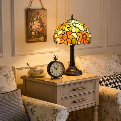 12-Inch Stained Glass Table Lamp with Yellow Sunflower Design, Bedside Reading Light for Bedroom and Living Room