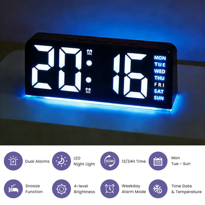 Mini Digital Alarm Clock with Blue Night Light, USB Powered, Year, Date & Temperature Display, Adjustable Brightness – Black