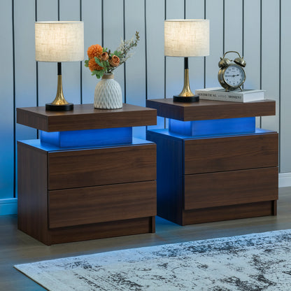 Set of 2 LED Nightstands with 2 Drawers, Modern Bedside Tables with LED Lights & Storage for Bedroom