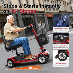 4-Wheel Foldable Electric Mobility Scooter for Adults, 20Ah Battery, 360° Swivel Seat, Solid Tires, Red