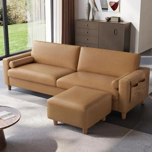 100-Inch Faux Leather L-Shaped Sofa – Large 2-Seater PU Leather Couch with Movable Ottoman & Side Pocket