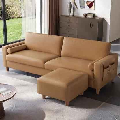 100-Inch Faux Leather L-Shaped Sofa – Large 2-Seater PU Leather Couch with Movable Ottoman & Side Pocket