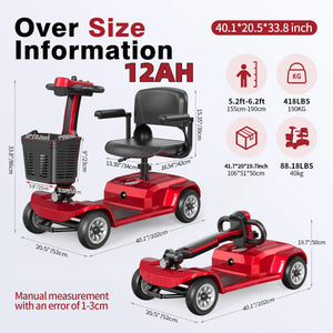 Heavy Duty 4-Wheel Mobility Scooter for Adults, Foldable All-Terrain Carbon Steel Frame, Dual Mode