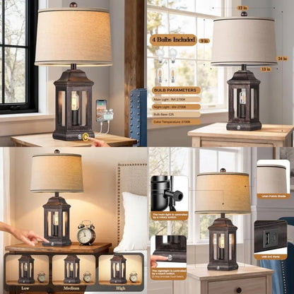 24-Inch Rustic Farmhouse Table Lamp with Touch Dimming, Nightlight and USB-A/USB-C Ports