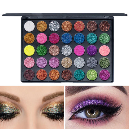 35-Color Glitter Eyeshadow Palette, Metallic Shimmer & Sequins, Highly Pigmented Waterproof Long-Lasting Eye Makeup