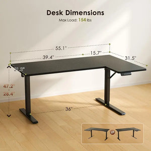 55-Inch Electric L-Shaped Standing Desk, Height Adjustable Reversible Corner Computer Desk for Home Office