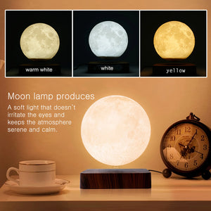 Magnetic Floating Rotating Moon Lamp with Wooden Base, 3D Printed LED Night Light with 3 Color Temperatures for Bedroom Decor
