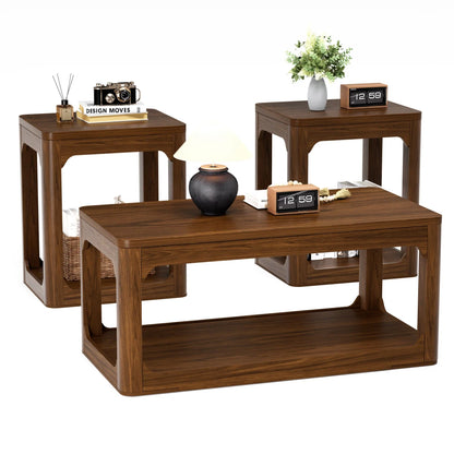 Modern 3-Piece Coffee Table Set with Side Tables, Rounded Edges & Storage for Living Room, Black