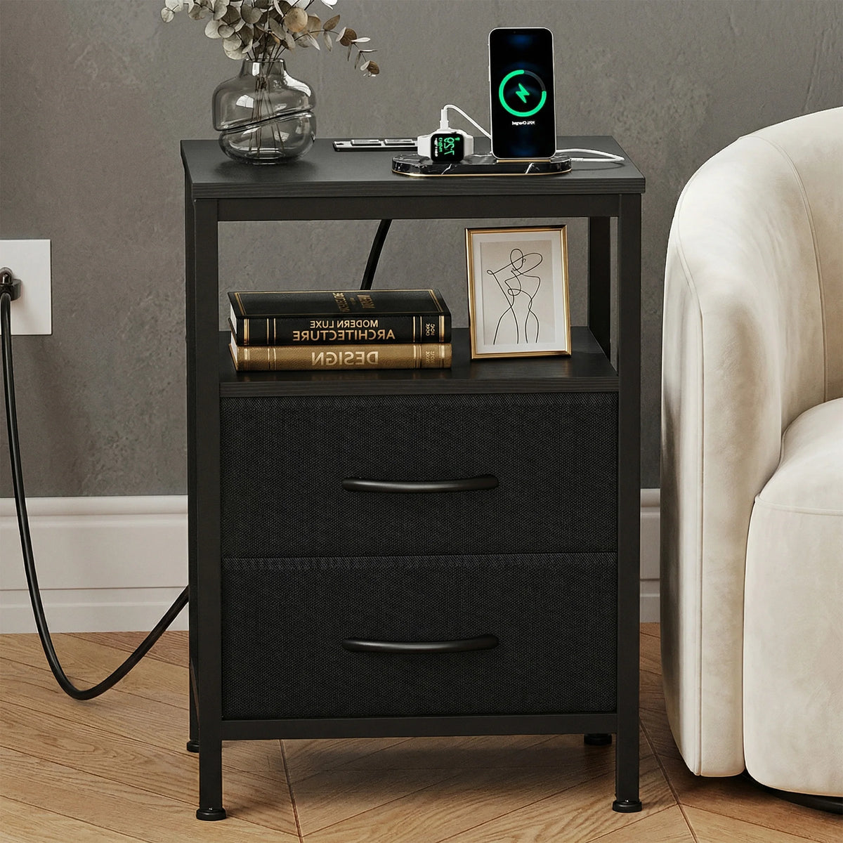 Nightstand with 2 Fabric Drawers, Open Shelf & Charging Station – Bedside End Table with USB Ports