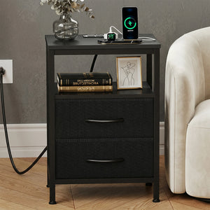Nightstand with 2 Fabric Drawers, Open Shelf & Charging Station – Bedside End Table with USB Ports