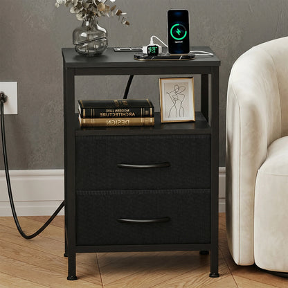 Nightstand with 2 Fabric Drawers, Open Shelf & Charging Station – Bedside End Table with USB Ports