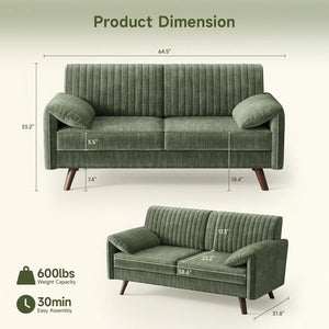 64.5-Inch Modern Chenille Loveseat Sofa – 2-Seater Small Space Couch with High Legs for Living Room & Apartment, Green