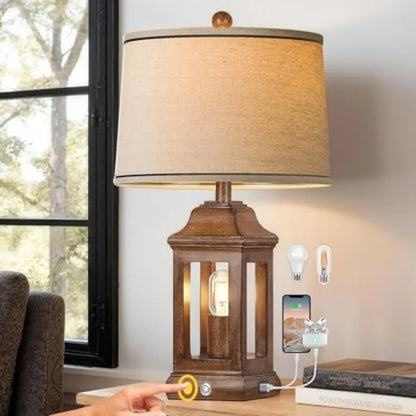 24-Inch Rustic Farmhouse Table Lamp with Touch Dimming, Nightlight and USB-A/USB-C Ports