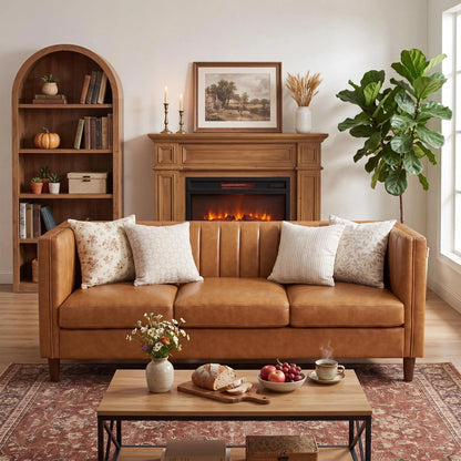 81-Inch Cognac Tan Faux Leather Sofa – Mid-Century Modern 3-Seater Deep Seat Couch with Wood Frame for Living Room & Apartment