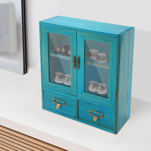 2-Tier Blue Wood Storage Cabinet with 2 Drawers & Double Doors, Space-Saving Organizer for Bedroom, Living Room & Home