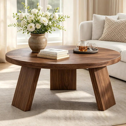 33.5" Round Coffee Table with Wood Grain Top & Angled Legs, Modern Center Table for Living Room & Apartment