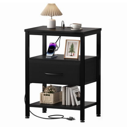 Nightstand with Fabric Drawer, LED Light Strip & Charging Station – Bedside End Table with Storage Cabinet