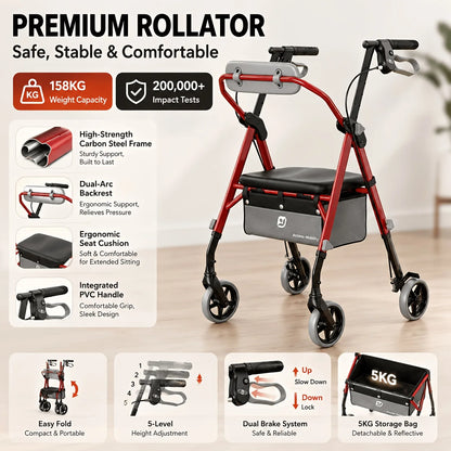 Rollator Walker with Ergo Seat and Backrest, 350 lbs Capacity
