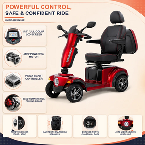 4-Wheel Heavy Duty Mobility Scooter for Adults, Full Suspension, Pneumatic Tires, Swivel Seat, Bluetooth, Keyless Start, USB Charging