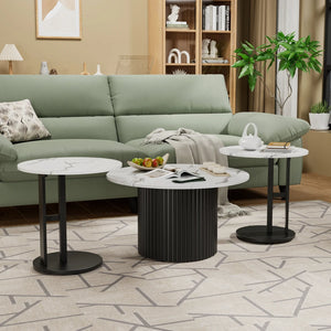 Modern 3-Piece Nesting Coffee Table Set with Faux Marble Tops & Metal Legs for Living Room and Small Spaces
