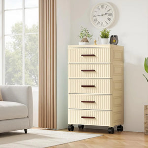 5-Drawer Rolling Storage Dresser with Wheels, Plastic Nightstand & Mobile Organizer Cabinet for Bedroom, Living Room & Office