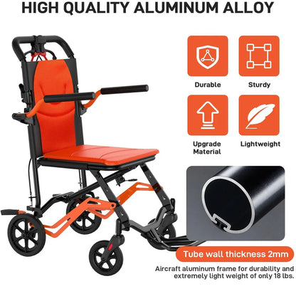 Ultra-Lightweight Foldable Transport Wheelchair – 18 lbs Aluminum Travel Chair with Flip-Back Armrests & Handbrakes