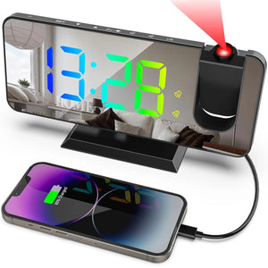 LED Projection Alarm Clock with Mirror Display, 180° Rotatable Projector, Dual Alarms, Snooze & Auto Dimming for Bedroom
