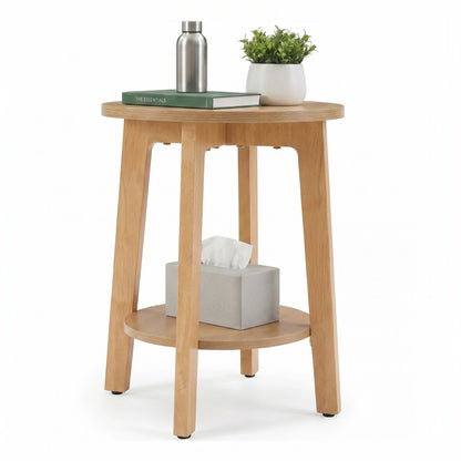 Round Wood Side Table with 2-Tier Storage Shelf, Coffee End Table for Living Room & Bedroom