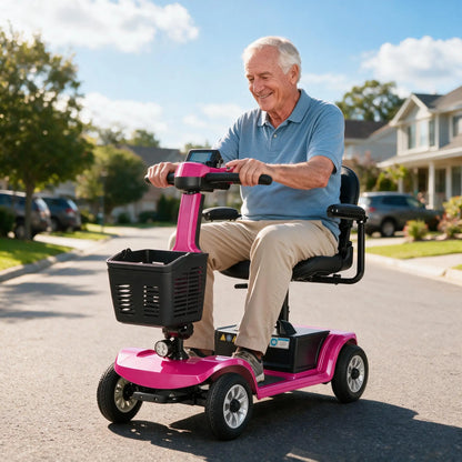 4-Wheel Electric Mobility Scooter for Seniors – Adjustable Comfort Seat, Storage Basket, Multi-Terrain Travel Scooter