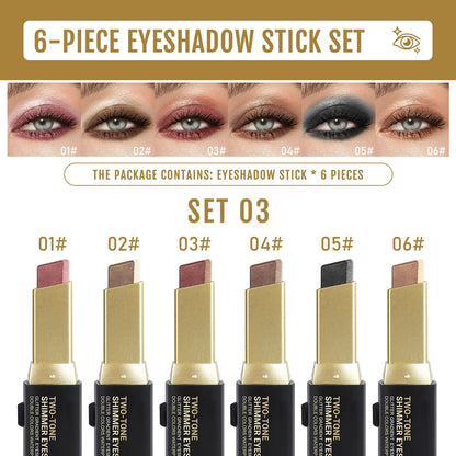 6-Piece Dual-Color Eyeshadow Stick Set, Push-Pull Eye Shadow and Highlighter, Waterproof