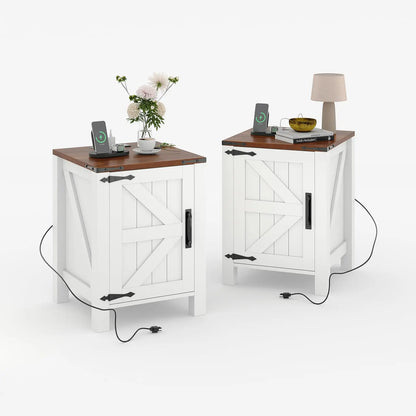 18" Rustic Farmhouse Nightstand with Charging Station – Barn Door Bedside Table with Adjustable Shelf & Storage