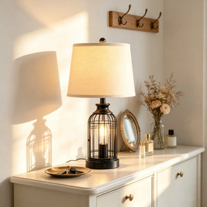 Modern Table Lamp with Double-Layer Fabric Shade, Bedside Lighting for Bedroom and Living Room, Ships from USA