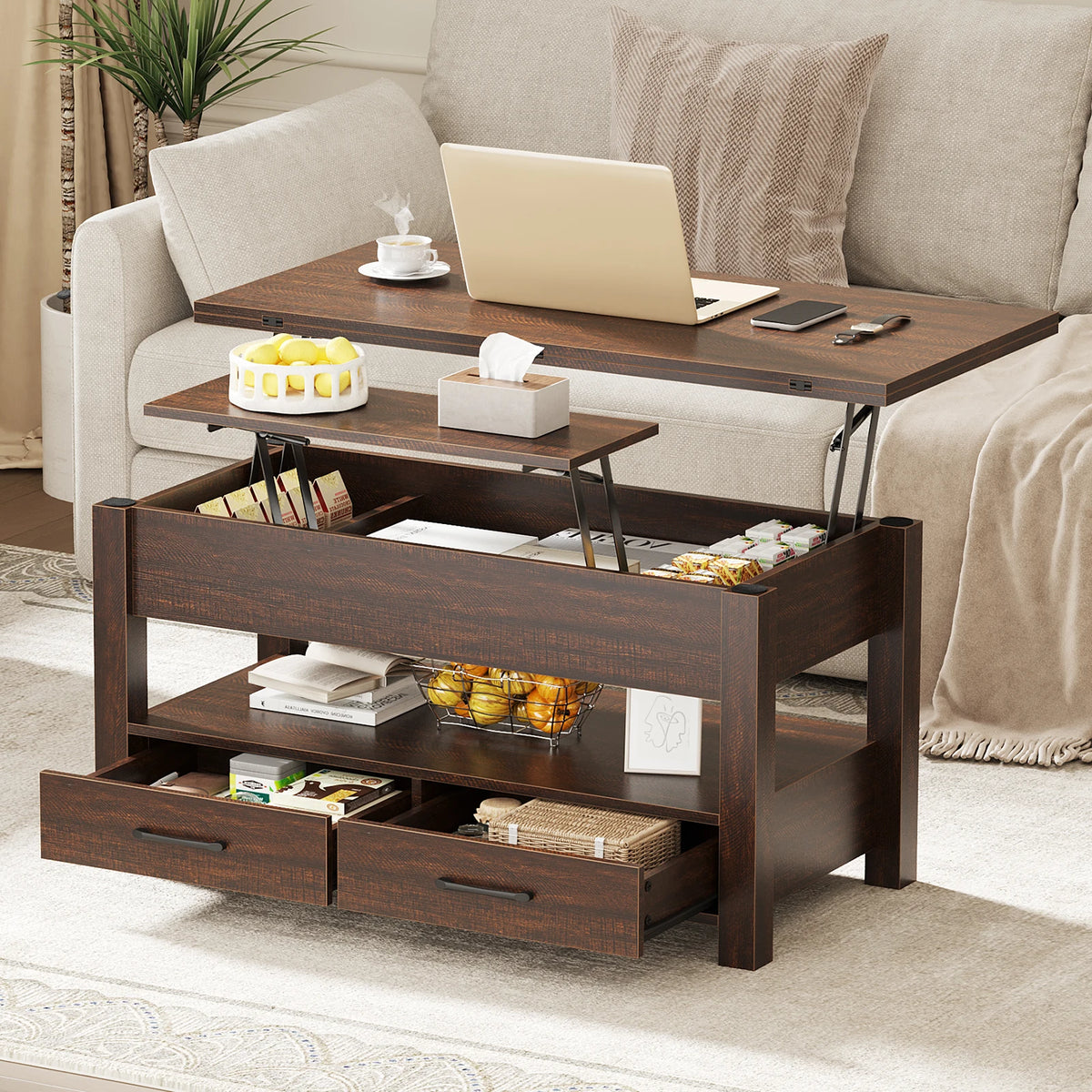39.4" Lift-Top Coffee Table with 2 Drawers & Hidden Storage, Square Wood Center Table for Living Room & Home Office