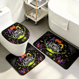 Halloween Witch Bathroom Rug Set, Non-Slip Absorbent Bath Mat with Toilet Lid Cover & U-Shaped Contour Rug, I Smell Children Print